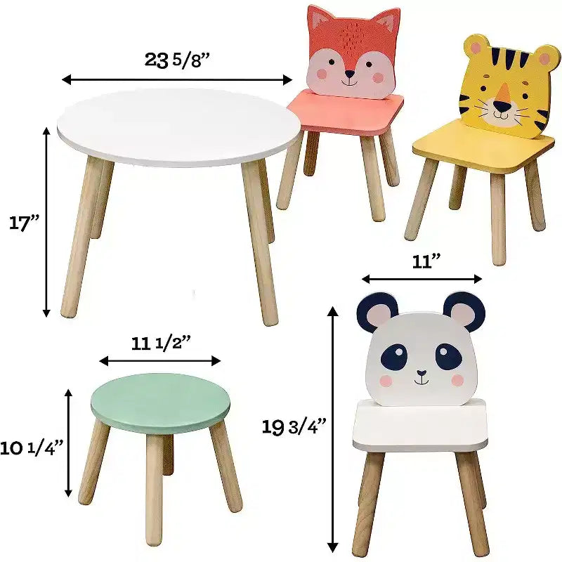 Set Tavolo e Sedie in Legno per Bambini con 4 Posti - Tigre, Panda, Volpe e Sgabello per Adulti - Arredamento per Sala Giochi, Asilo Nido, Aula - Centro Attività per Bambini