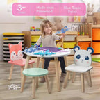Set Tavolo e Sedie in Legno per Bambini con 4 Posti - Tigre, Panda, Volpe e Sgabello per Adulti - Arredamento per Sala Giochi, Asilo Nido, Aula - Centro Attività per Bambini