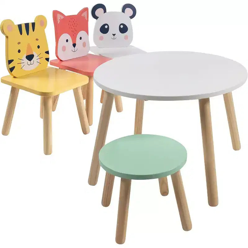Set Tavolo e Sedie in Legno per Bambini con 4 Posti - Tigre, Panda, Volpe e Sgabello per Adulti - Arredamento per Sala Giochi, Asilo Nido, Aula - Centro Attività per Bambini