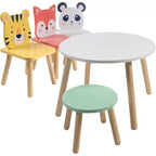Set Tavolo e Sedie in Legno per Bambini con 4 Posti - Tigre, Panda, Volpe e Sgabello per Adulti - Arredamento per Sala Giochi, Asilo Nido, Aula - Centro Attività per Bambini