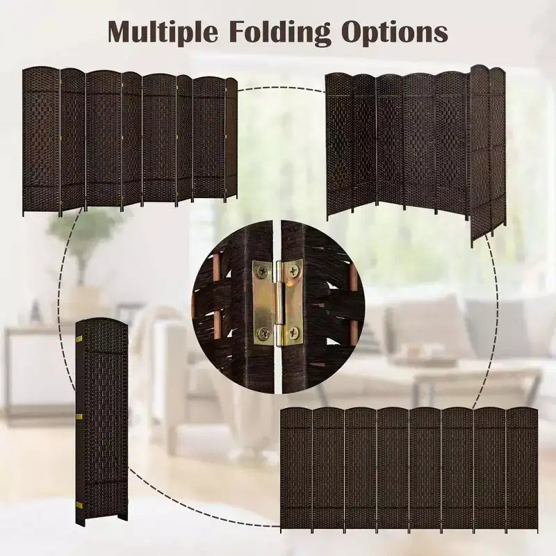 Divisorio per ambienti a 8 pannelli Costway, schermo pieghevole per la privacy alto 183 cm con struttura in legno massello marrone/nero