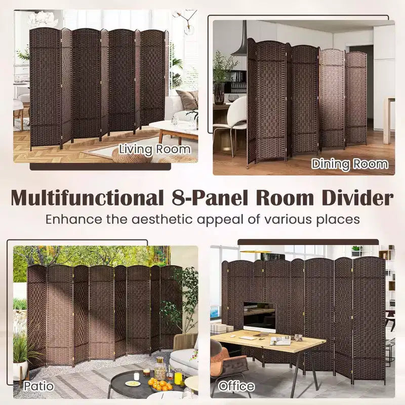 Divisorio per ambienti a 8 pannelli Costway, schermo pieghevole per la privacy alto 183 cm con struttura in legno massello marrone/nero