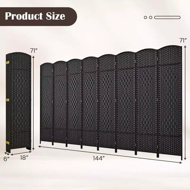 Divisorio per ambienti a 8 pannelli Costway, schermo pieghevole per la privacy alto 183 cm con struttura in legno massello marrone/nero