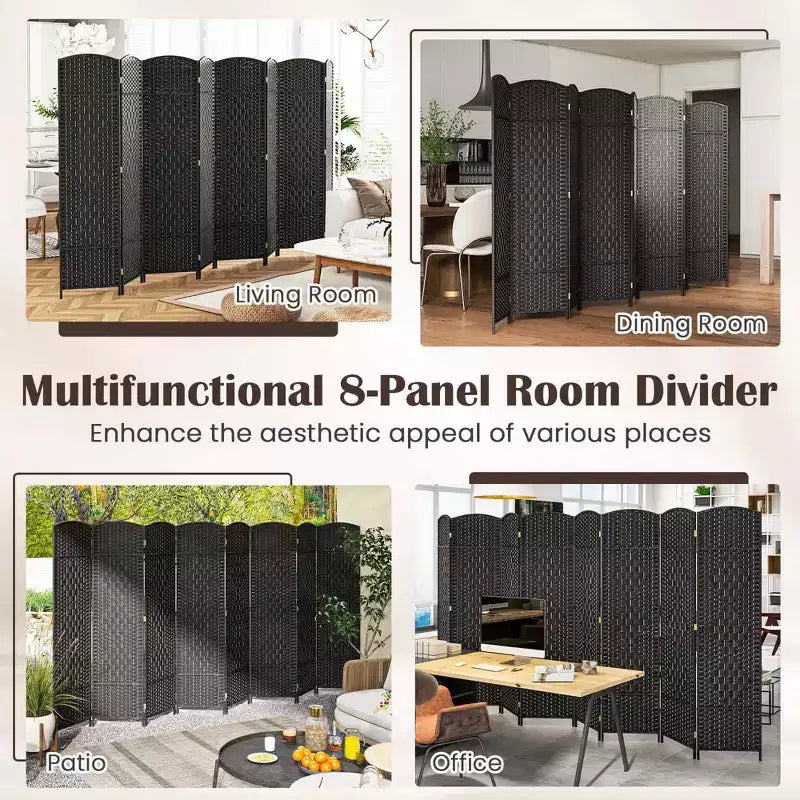 Divisorio per ambienti a 8 pannelli Costway, schermo pieghevole per la privacy alto 183 cm con struttura in legno massello marrone/nero
