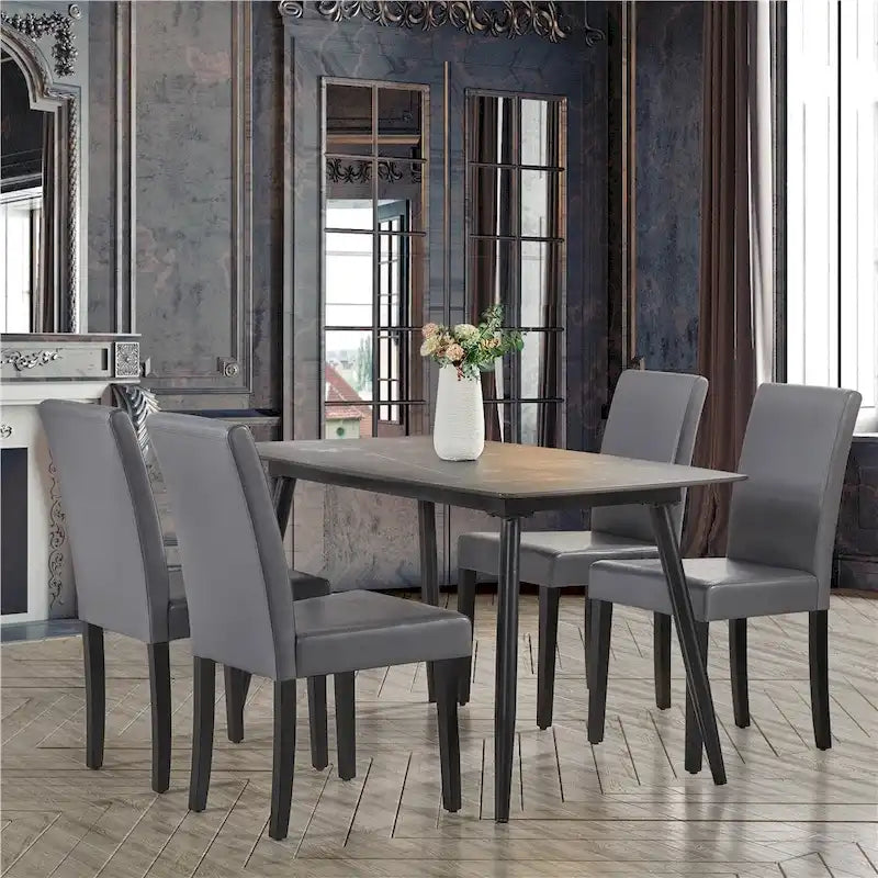 Sedie da pranzo con schienale alto in similpelle, cuscino in schiuma e gambe in legno di gomma – Nero / Grigio / Marrone / Bianco