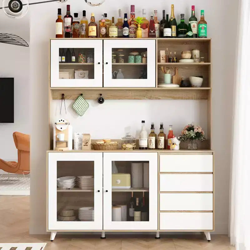 Credenza Famapy 63W in legno marrone con 4 cassetti, ganci e ripiani aperti