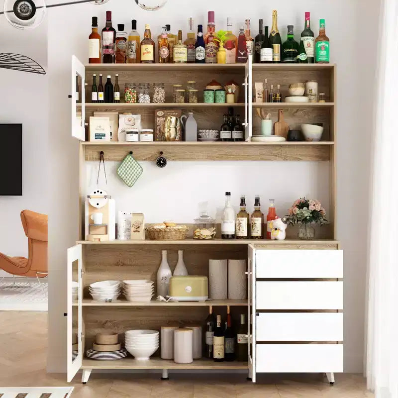 Credenza Famapy 63W in legno marrone con 4 cassetti, ganci e ripiani aperti