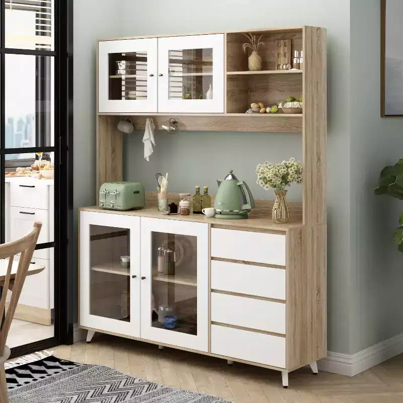 Credenza Famapy 63W in legno marrone con 4 cassetti, ganci e ripiani aperti
