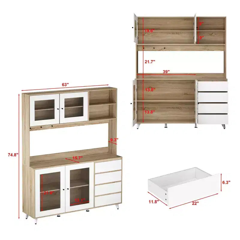 Credenza Famapy 63W in legno marrone con 4 cassetti, ganci e ripiani aperti