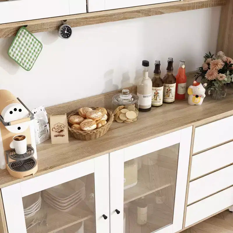 Credenza Famapy 63W in legno marrone con 4 cassetti, ganci e ripiani aperti