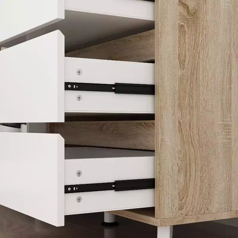 Credenza Famapy 63W in legno marrone con 4 cassetti, ganci e ripiani aperti