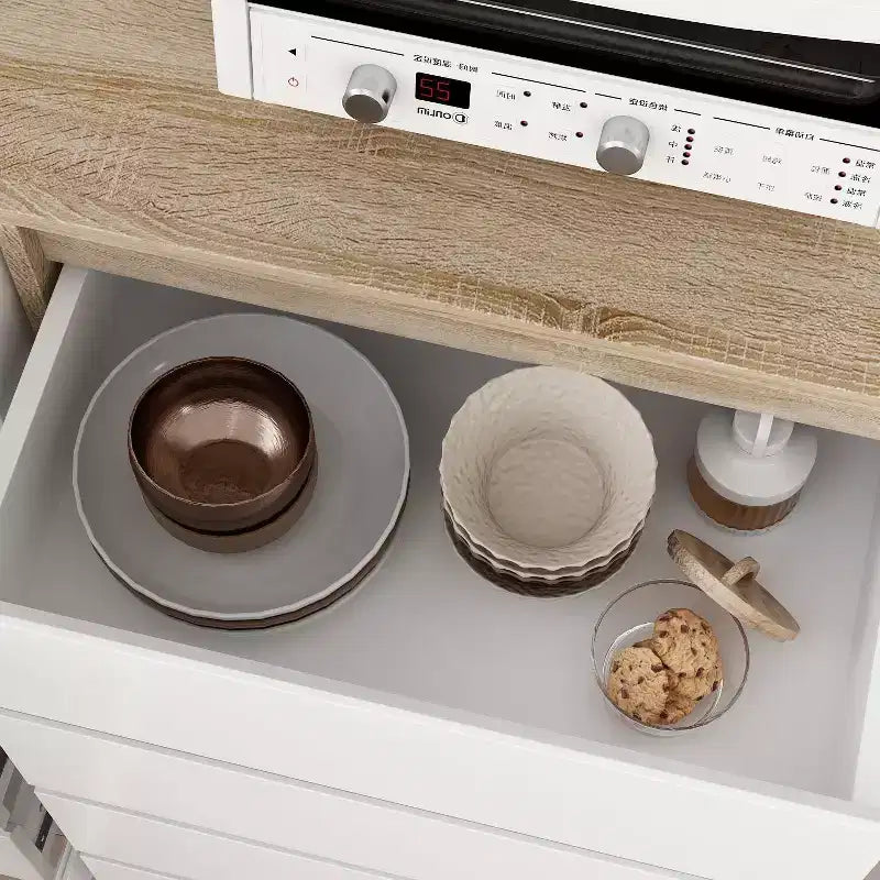 Credenza Famapy 63W in legno marrone con 4 cassetti, ganci e ripiani aperti