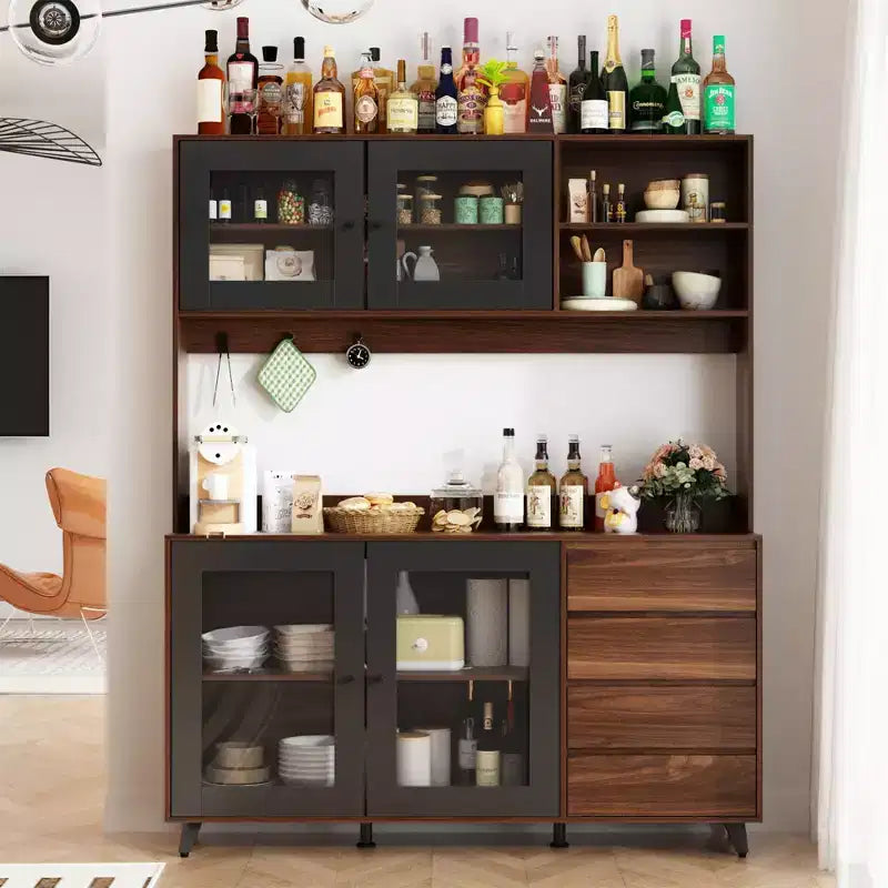 Credenza Famapy 63W in legno marrone con 4 cassetti, ganci e ripiani aperti