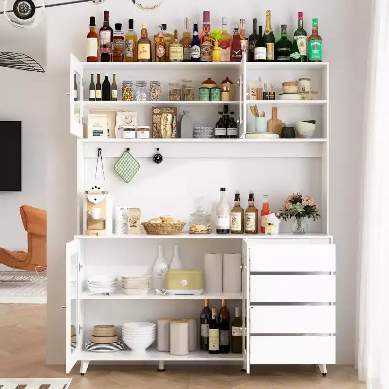 Credenza Famapy 63W in legno marrone con 4 cassetti, ganci e ripiani aperti