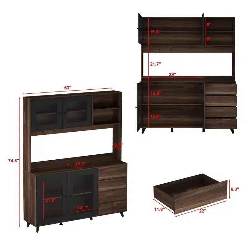 Credenza Famapy 63W in legno marrone con 4 cassetti, ganci e ripiani aperti