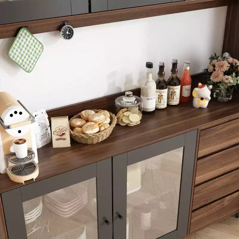 Credenza Famapy 63W in legno marrone con 4 cassetti, ganci e ripiani aperti