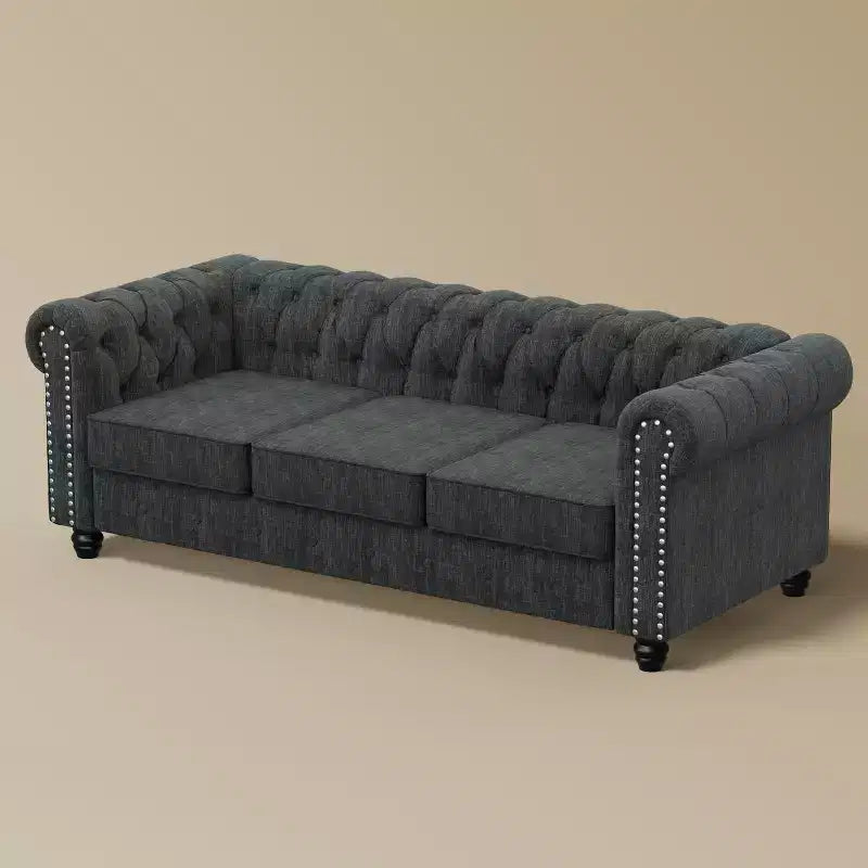 Linen Chesterfield Sofa with Button Tufted, Nailhead, and Solid Wood Legs for Living Room-Morden Fort