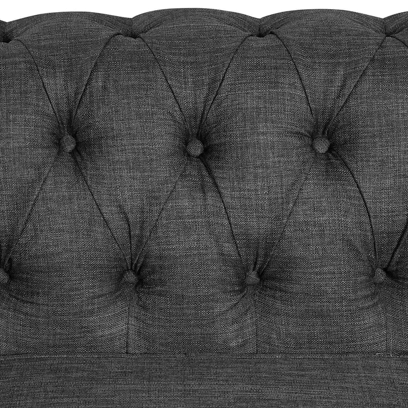 Divano Chesterfield in lino con bottoni capitonné, borchie e gambe in legno massello per soggiorno-Morden Fort