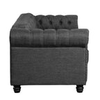 Divano Chesterfield in lino con bottoni capitonné, borchie e gambe in legno massello per soggiorno-Morden Fort