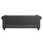 Divano Chesterfield in lino con bottoni capitonné, borchie e gambe in legno massello per soggiorno-Morden Fort