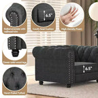 Divano Chesterfield in lino con bottoni capitonné, borchie e gambe in legno massello per soggiorno-Morden Fort