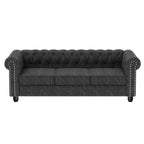 Divano Chesterfield in lino con bottoni capitonné, borchie e gambe in legno massello per soggiorno-Morden Fort
