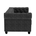 Divano Chesterfield in lino con bottoni capitonné, borchie e gambe in legno massello per soggiorno-Morden Fort