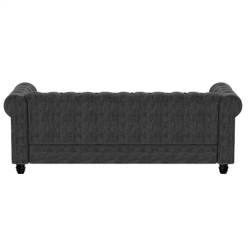Divano Chesterfield in lino con bottoni capitonné, borchie e gambe in legno massello per soggiorno-Morden Fort