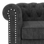 Divano Chesterfield in lino con bottoni capitonné, borchie e gambe in legno massello per soggiorno-Morden Fort