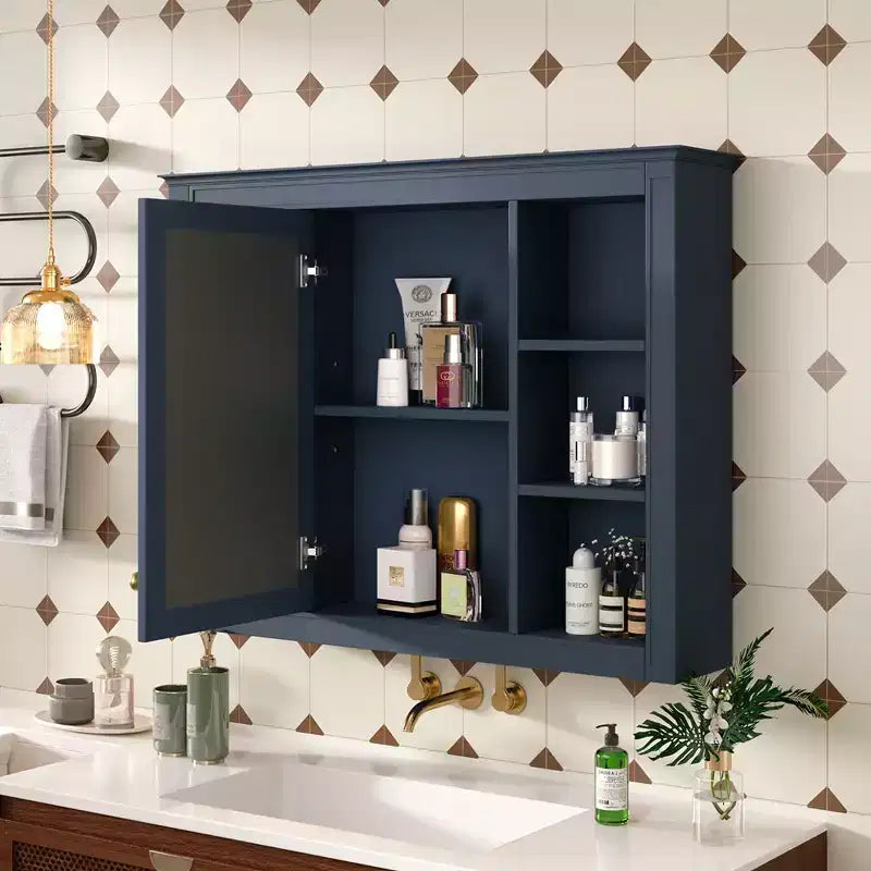 Mobiletto a Specchio per Bagno, Mobiletto da Parete Moderno per Bagno con Specchio, 6 Ripiani a Giorno, Mobiletto sopra il WC