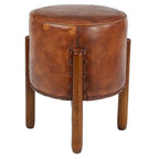 Pouf rotondo artigianale in vera pelle con dettagli capitonné e borchie e gambe in legno di teak – Marrone, singolo