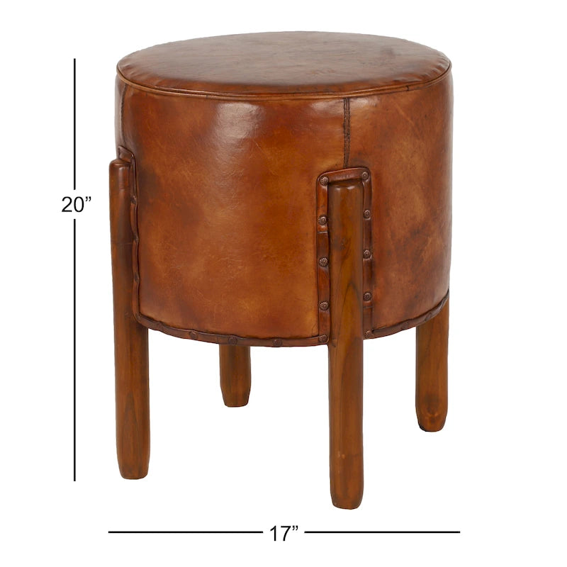 Pouf rotondo artigianale in vera pelle con dettagli capitonné e borchie e gambe in legno di teak – Marrone, singolo