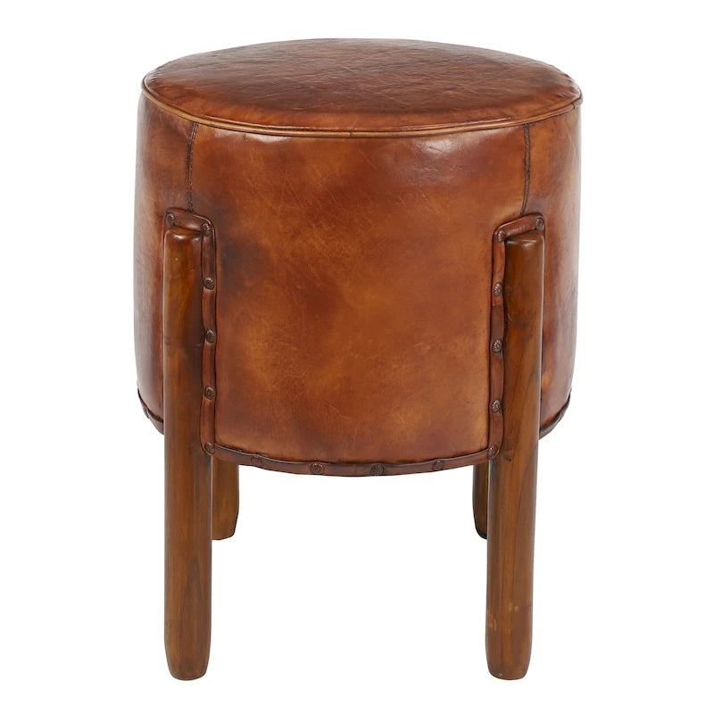Pouf rotondo artigianale in vera pelle con dettagli capitonné e borchie e gambe in legno di teak – Marrone, singolo