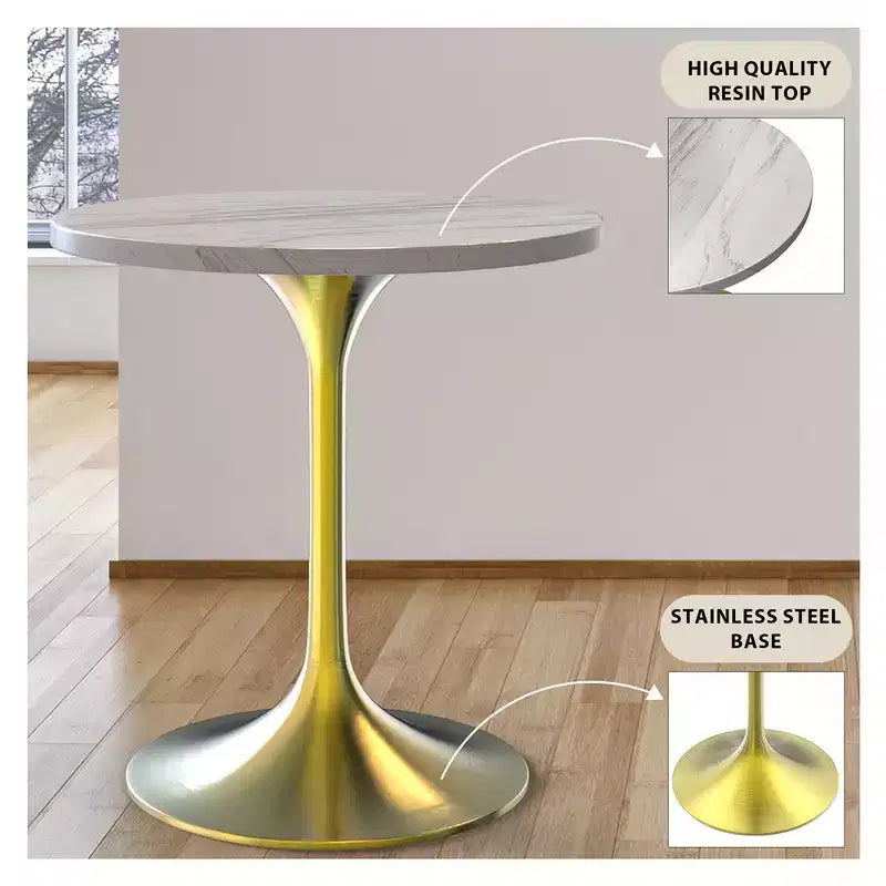 LeisureMod Verve Tavolo da Pranzo Rotondo da 90 cm - Piano Moderno in Resina con Base a Piedistallo Oro Spazzolato Tavolino d'Appoggio per Sala da Pranzo e Cucina Contemporanea