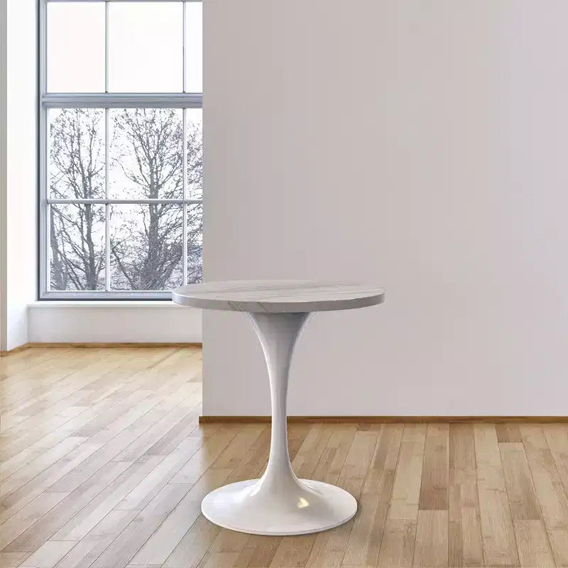 LeisureMod Verve 27 - Tavolo da pranzo rotondo, moderno, con piano in resina e base a piedistallo in acciaio bianco, tavolino d'appoggio per cucina e casa