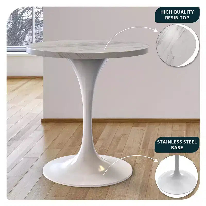 LeisureMod Verve 27 - Tavolo da pranzo rotondo, moderno, con piano in resina e base a piedistallo in acciaio bianco, tavolino d'appoggio per cucina e casa