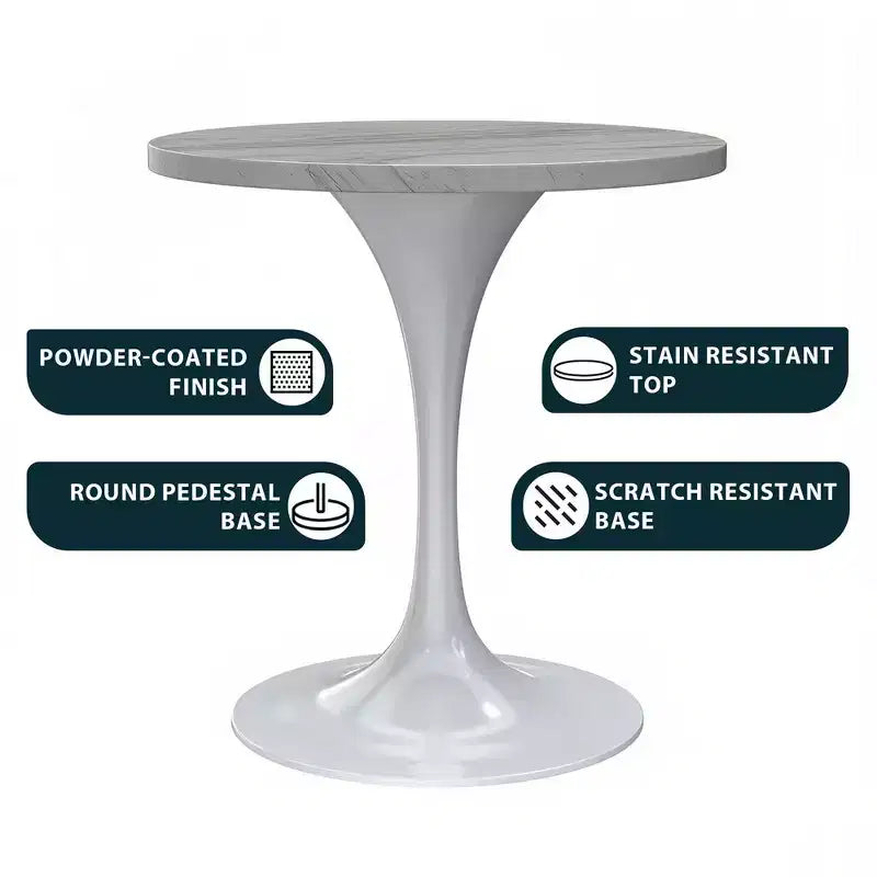 LeisureMod Verve 27 - Tavolo da pranzo rotondo, moderno, con piano in resina e base a piedistallo in acciaio bianco, tavolino d'appoggio per cucina e casa