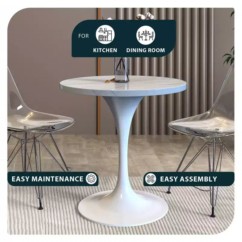 LeisureMod Verve 27 - Tavolo da pranzo rotondo, moderno, con piano in resina e base a piedistallo in acciaio bianco, tavolino d'appoggio per cucina e casa