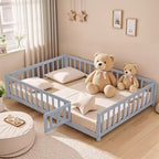 Toddler Floor Bed,Full Size Floor Bed with Safety Fence Guardrails and Slats, Wooden Floor Bed Frame with Door, No Box Spring Needed