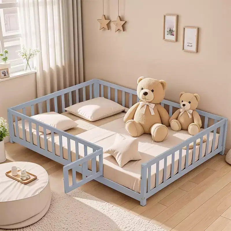 Toddler Floor Bed,Full Size Floor Bed with Safety Fence Guardrails and Slats, Wooden Floor Bed Frame with Door, No Box Spring Needed