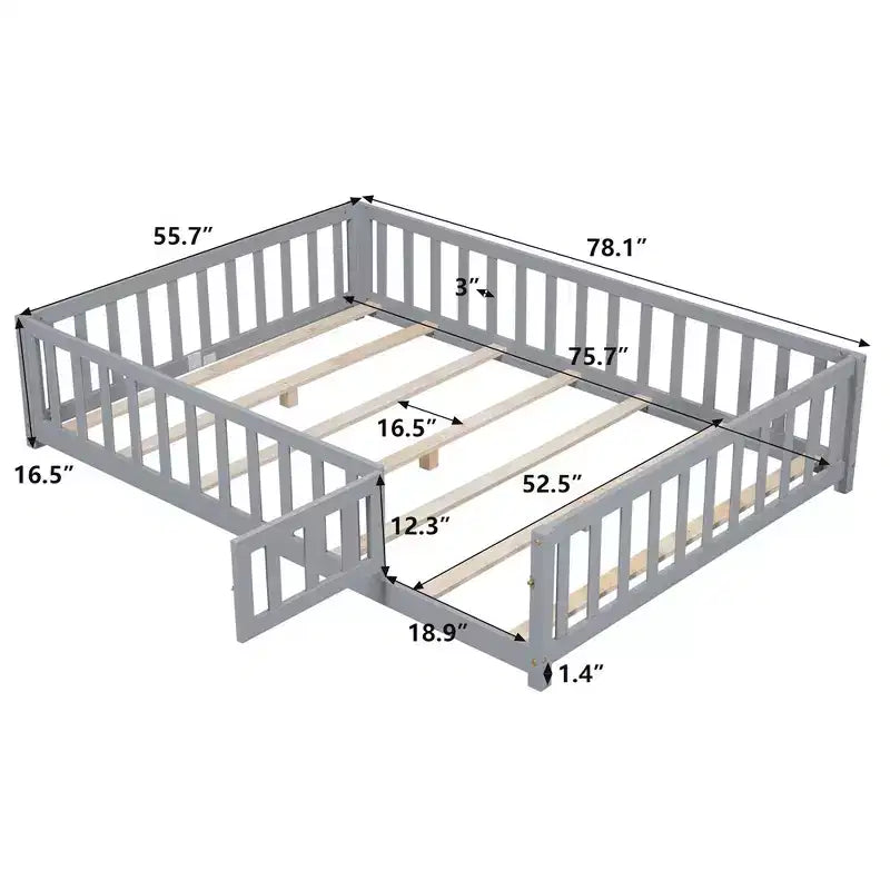Letto a pavimento per bambini, letto a pavimento matrimoniale con sponde di sicurezza e doghe, telaio del letto in legno con porta, non necessita di rete a doghe