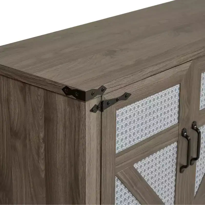 Credenza Rustica Effetto Rattan 34.05H, Mobile Contenitore con Quattro Ante e Ripiani Regolabili, 4Q - ModernLuxe