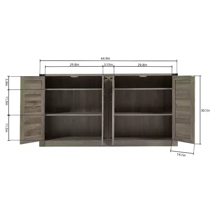 Credenza Rustica Effetto Rattan 34.05H, Mobile Contenitore con Quattro Ante e Ripiani Regolabili, 4Q - ModernLuxe