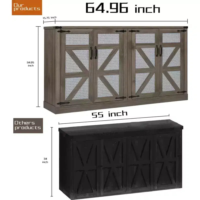 Credenza Rustica Effetto Rattan 34.05H, Mobile Contenitore con Quattro Ante e Ripiani Regolabili, 4Q - ModernLuxe