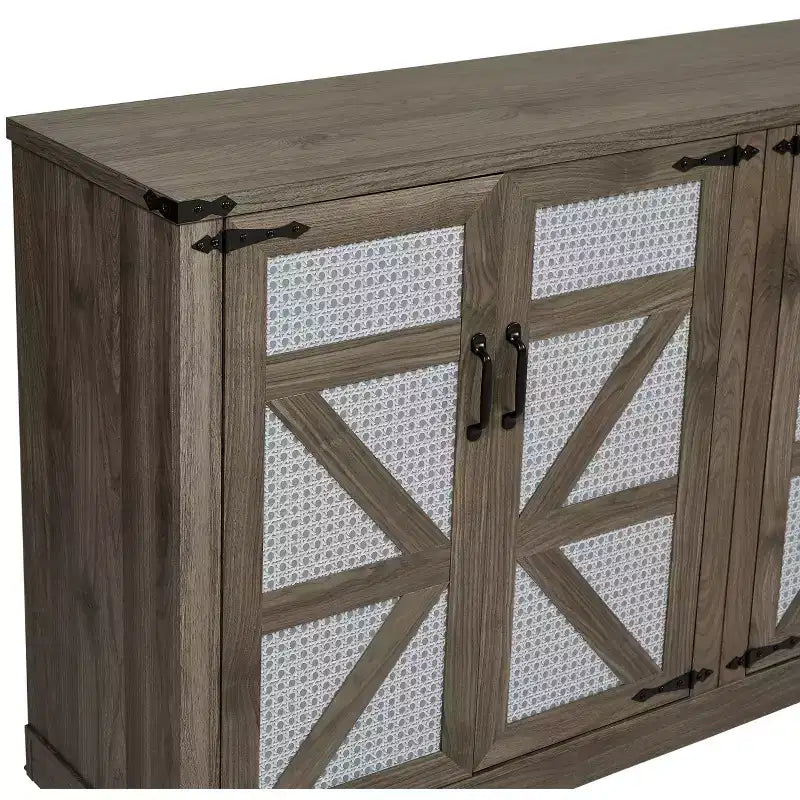Credenza Rustica Effetto Rattan 34.05H, Mobile Contenitore con Quattro Ante e Ripiani Regolabili, 4Q - ModernLuxe