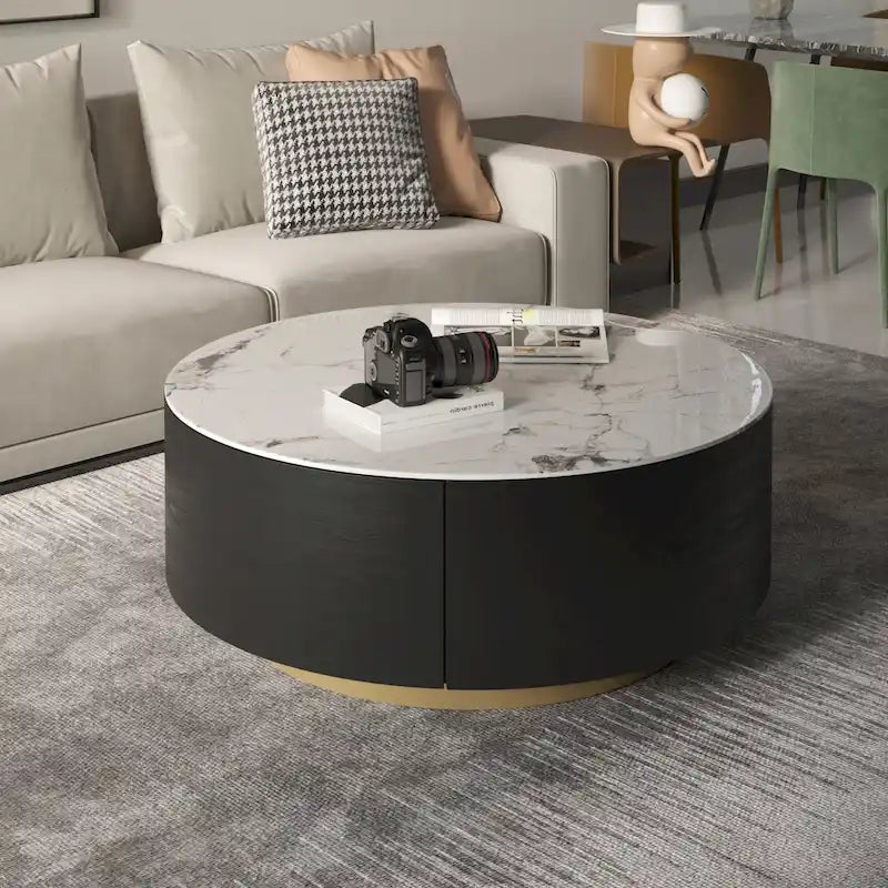 Tavolino da Caffè Rotondo con Piano in Marmo, 2 Cassetti e Base in Ferro Verniciato a Polvere Oro – Bianco / Bianco e Nero, Singolo