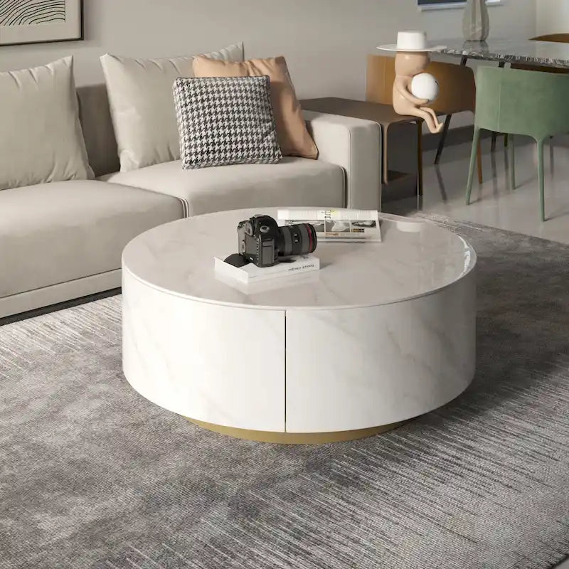 Tavolino da Caffè Rotondo con Piano in Marmo, 2 Cassetti e Base in Ferro Verniciato a Polvere Oro – Bianco / Bianco e Nero, Singolo