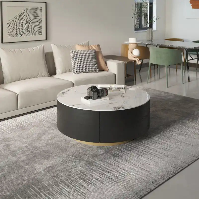Tavolino da Caffè Rotondo con Piano in Marmo, 2 Cassetti e Base in Ferro Verniciato a Polvere Oro – Bianco / Bianco e Nero, Singolo