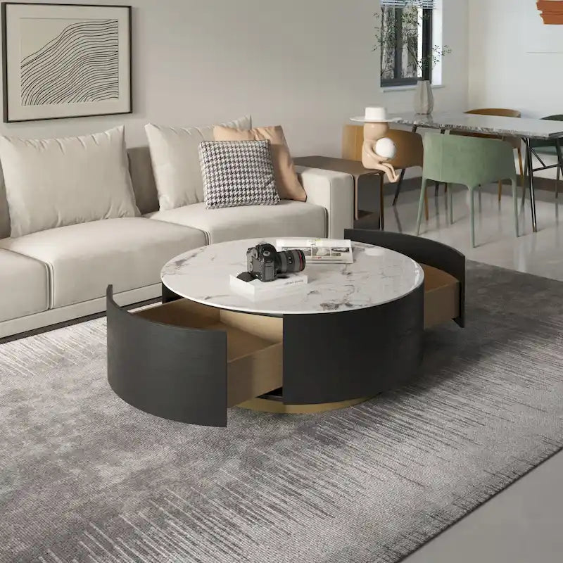 Tavolino da Caffè Rotondo con Piano in Marmo, 2 Cassetti e Base in Ferro Verniciato a Polvere Oro – Bianco / Bianco e Nero, Singolo