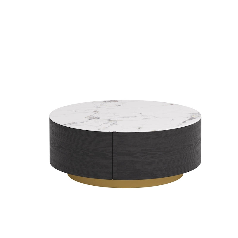 Tavolino da Caffè Rotondo con Piano in Marmo, 2 Cassetti e Base in Ferro Verniciato a Polvere Oro – Bianco / Bianco e Nero, Singolo